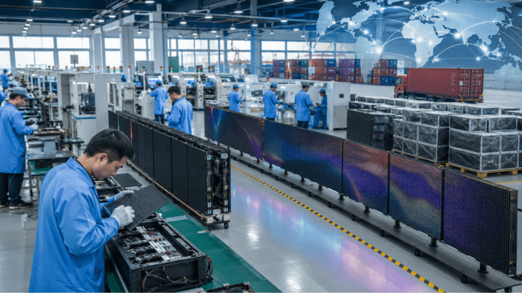 Engineers inspecting LED display panels in a modern Chinese factory with automated production lines and export-ready LED cabinets.