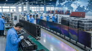 Engineers inspecting LED display panels in a modern Chinese factory with automated production lines and export-ready LED cabinets.