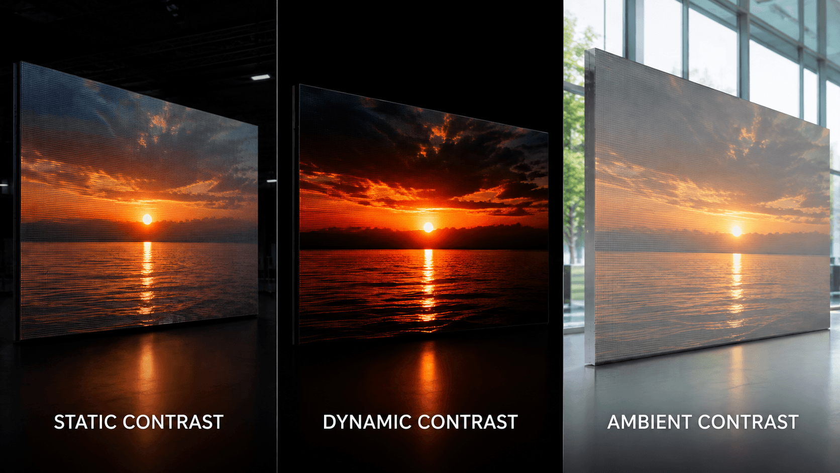 Static contrast, dynamic contrast, and ambient contrast shown on three LED displays with different lighting conditions
