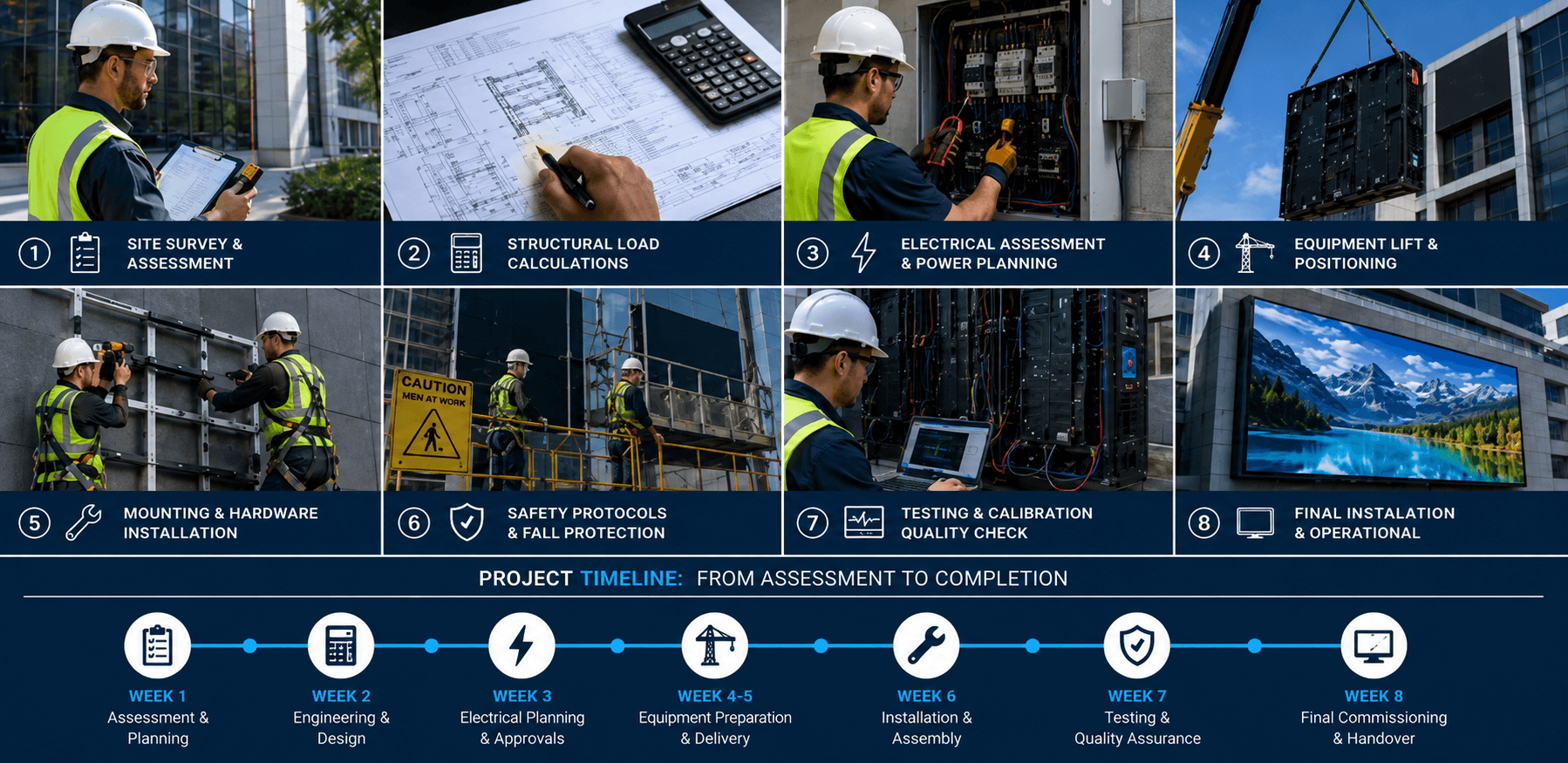 Professional LED display installation workflow stages