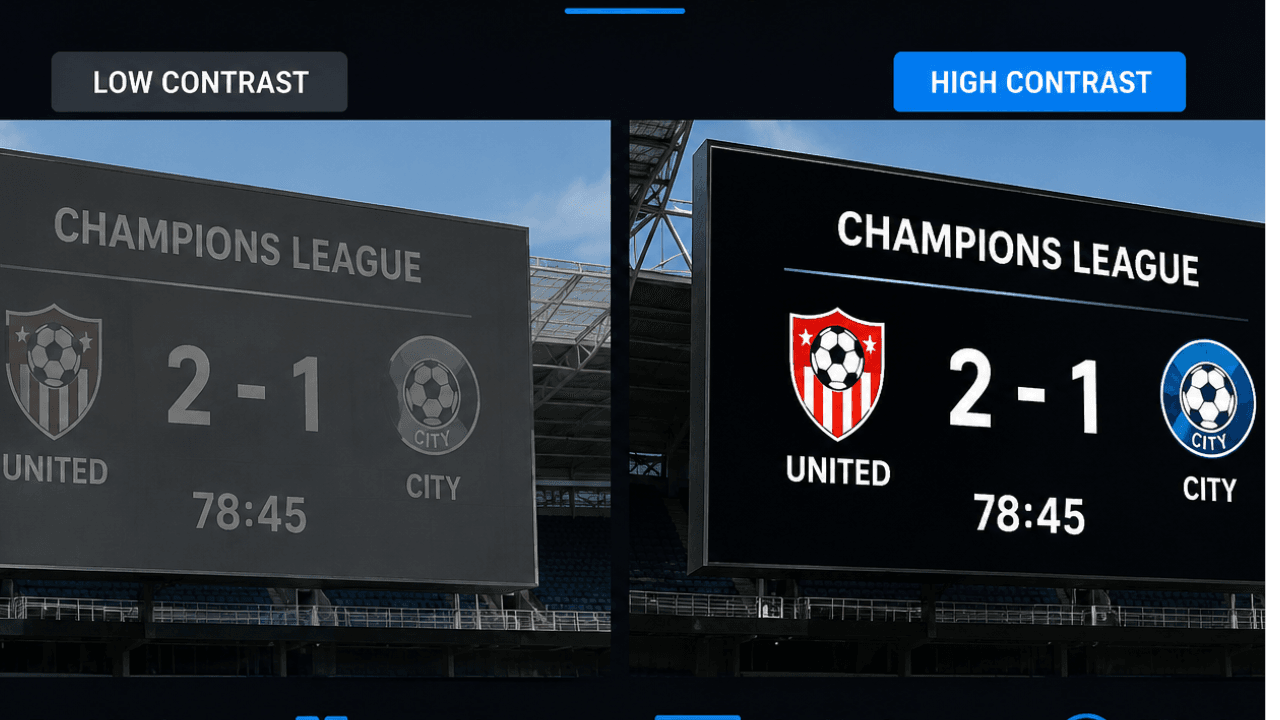 Comparison of low- and high-contrast LED displays showing how stronger contrast improves text, logos, graphics, images, and video clarity