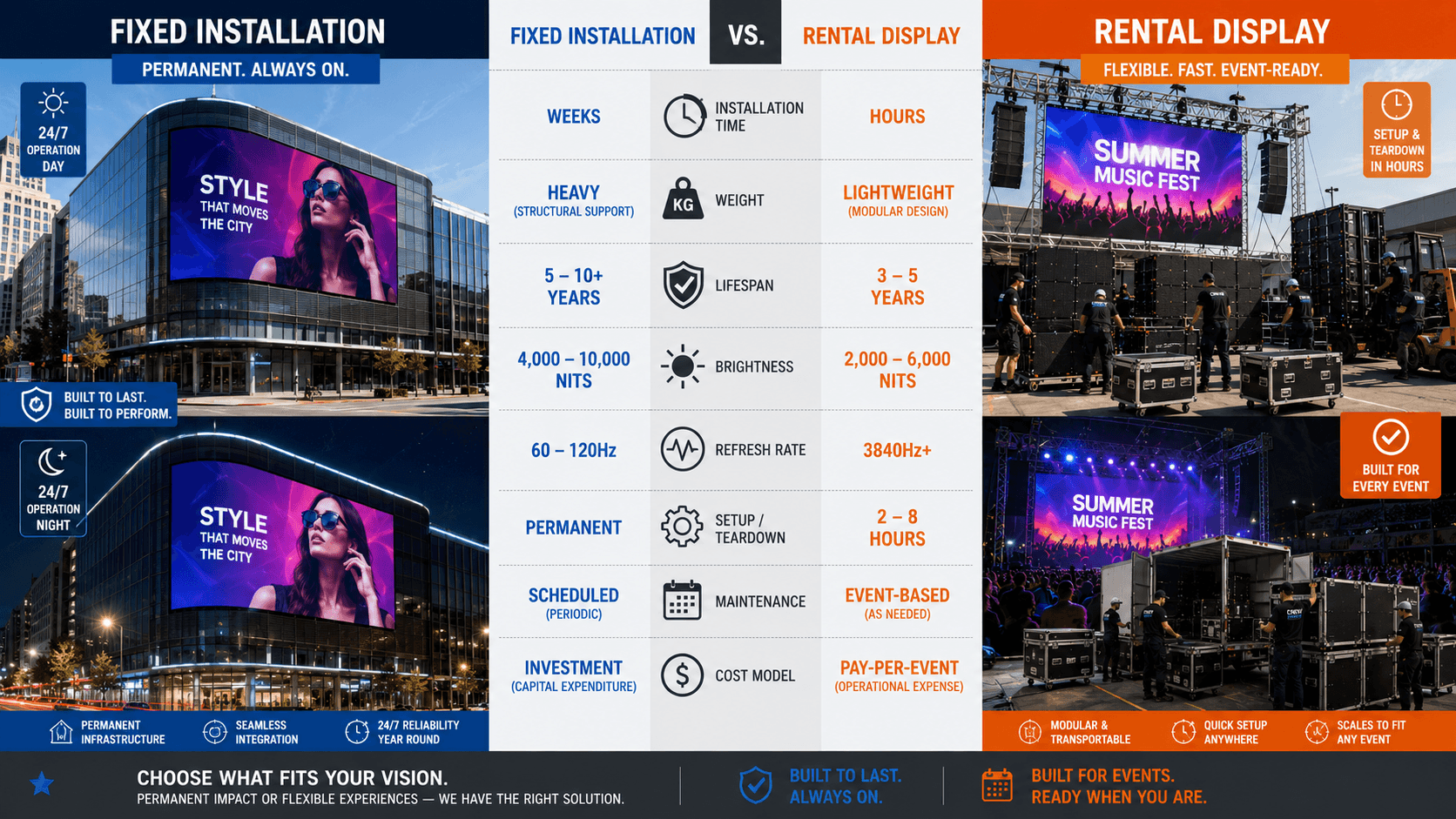 Fixed installation vs rental LED display comparison