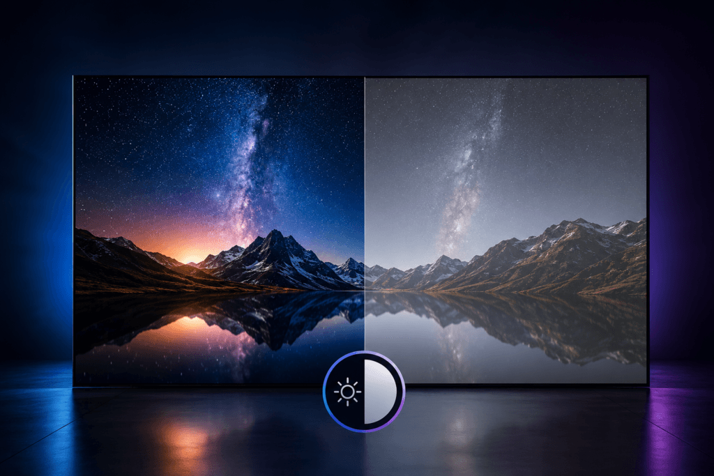 LED display showing a high-contrast and low-contrast image comparison, illustrating how contrast ratio affects screen picture quality