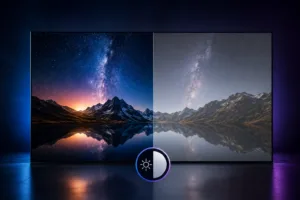 LED display showing a high-contrast and low-contrast image comparison, illustrating how contrast ratio affects screen picture quality