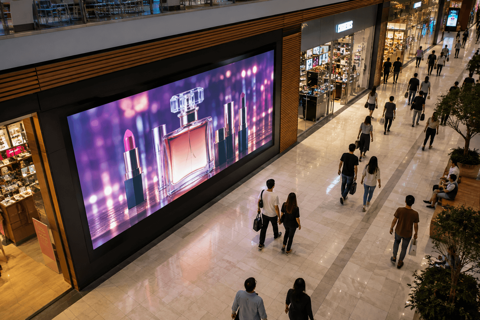 Fixed LED video wall in mall corridor