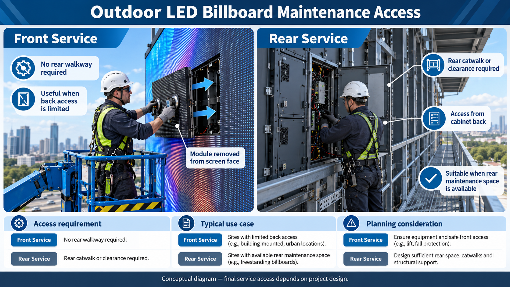 Front and rear LED billboard maintenance access compared