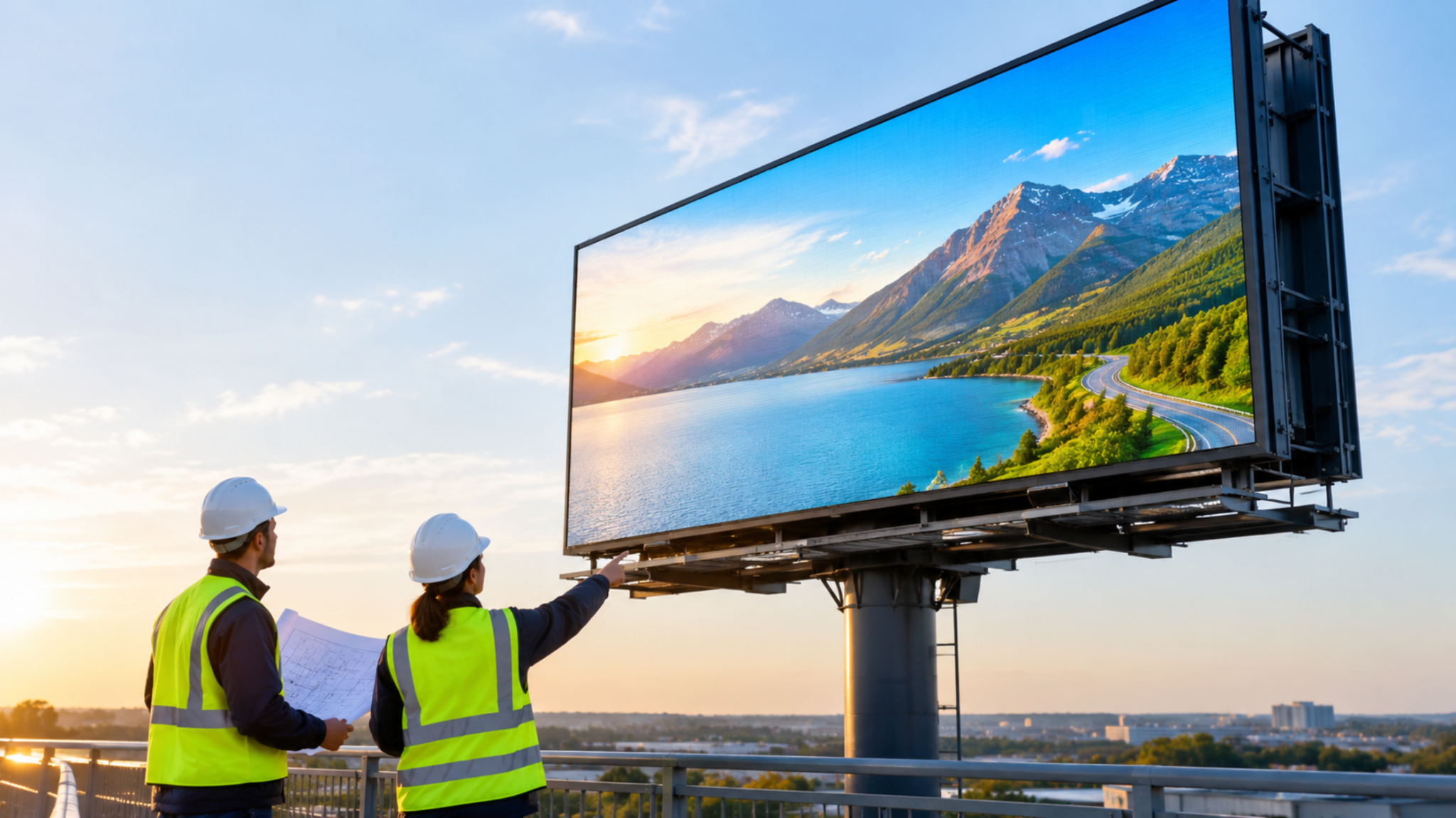 Two contractors inspecting a large outdoor LED billboard and reviewing structural plans for installation and maintenance.